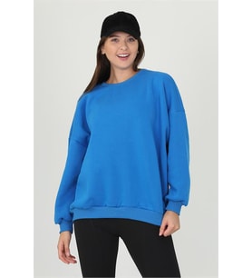 Neşeli butik kadın mavi oversize bisiklet yaka şardonlu sweatshirt FVR001