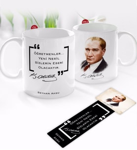 BK Gift Kişiye Özel İsimli Atatürk Temalı Kupa Bardak ve Ahşap Kitap Ayracı-12