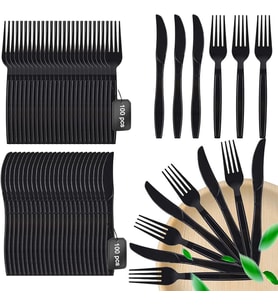 Plastik Siyah Çatal Bıçak Seti Takımı- 100 Ad. Çatal + 100 Adet Bıçak - 18 Cm.