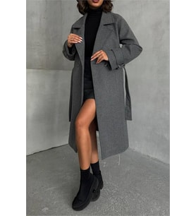 Neşeli butik kadın antrasit astarlı kuşaklı kaşe kaban NBG048