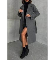 Neşeli butik kadın antrasit astarlı kuşaklı kaşe kaban NBG048