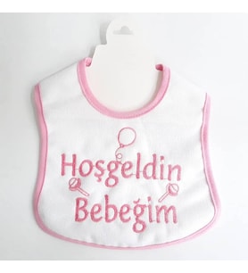 Hoşgeldin Bebeğim Yazılı Pembe Biyeli Su Geçirmez Kız Bebek Önlük