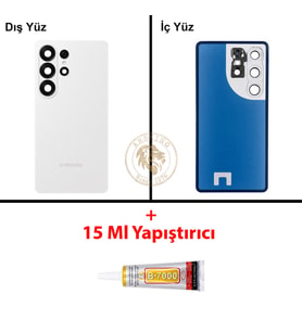 Samsung Galaxy S26 Ultra Beyaz Renk Lensli Arka Kapak + B7000 Yapıştırıcı Arka Cam Batarya Kapağı Pil Kapağı Lazer Kesim Back Cover Galaxy S26 Ultra Uyumlu