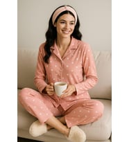 Kadın Yakalı Düğmeli Uzun Kol Süet Pijama Takımı SOMON