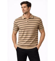 Engezi  Erkek Triko Polo Yaka Fermuarlı Çizgili Tişört T-Shirt Yazlık Şık - Kahverengi