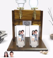 BK Gift Kişiye Özel Sevgililer Tasarımlı İkili Rakı Bardağı ve Çift Musluklu Doğal Ahşap Rakı Standı-81 (Model 1)