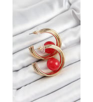 pilelistore Pirinç Gold Renk Halka Model Kırmızı Boncuk Detay Kadın Küpe - TJ-BKP10366