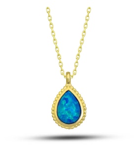925 Ayar Gümüş Gold Damla Mi Opal Taşlı Kadın Kolye