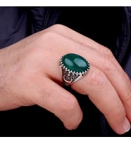 Oval Akik Yeşil Taşlı 925 Ayar Gümüş Yüzük