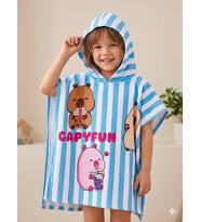 Cg Kids Capybara Karakter Baskılı Çizgili Kapüşonlu Erkek / Kız Çocuk Panço Plaj ve Havuz Havlusu - Mavi Beyaz