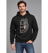Turkuaz Motifli Göktürk Kurt Baskılı Siyah Kapüşonlu Cepsiz Sweatshirt