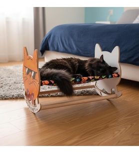Ahşap Sallanan Kedi Beşiği – Sevimli Kedi Figürlü, Minderli, Dekoratif Dinlenme Yatağı (Lacivert)