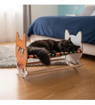 Ahşap Sallanan Kedi Beşiği – Sevimli Kedi Figürlü, Minderli, Dekoratif Dinlenme Yatağı (Lacivert)