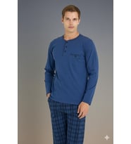 Erkek Düğmeli Yaka Ekose Desenli Pijama Takımı Lüx Tasarım (Mavi)