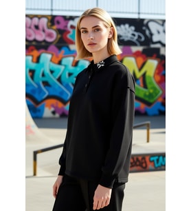 Kadın Polo Yaka Düşük Kol Örme Sweatshirt Taş Detaylı Fonksiyonel Dayanıklı Kaliteli Rahat