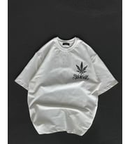 Unisex Bisiklet Yaka Baskılı Oversize T-Shirt - Beyaz