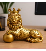 Polyester Dekoratif Taçlı Aslan Figürü – Altın Renk Premium Heykel – 17x22 cm (Karışık)