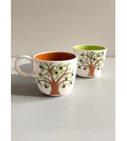 Dekoratif Zeytin Ağacı İşlemeli 2 adet Seramik Kupa - Mug - Kahve Fincanı (Yeşil-Beyaz)