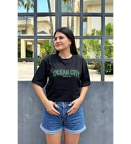 Siyah Renk Ocean City Baskı Unisex Oversize T-Shirt