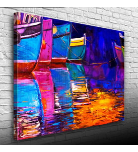 İskeledeki Balıkçı Kayıkları Yağlıboya Kanvas Tablo 50 x 70