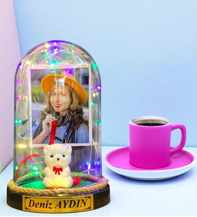Kişiye Özel Renkli Led Işıklı Fanus ve Pembe Türk Kahvesi Fincanı (Model 1)