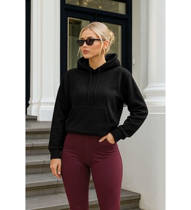Kadın Kapüşonlu Cepli Siyah Polar Sweatshirt