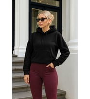 Kadın Kapüşonlu Cepli Siyah Polar Sweatshirt