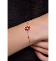 925 Ayar Gümüş Rose Kaplama Top Zincirli, Turuncu Kamelya Çiçeği Bileklik