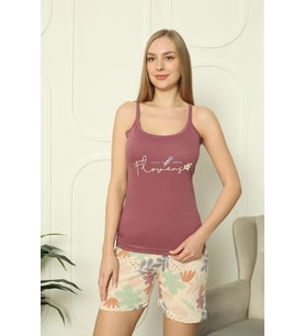 Mirano 4406 Pamuklu Askılı Şortlu Çiçekli Takım Pijama Takımı (Mor)