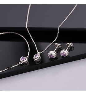 925 Ayar Gümüş Ametist Taşlı Oval Set