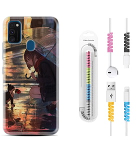Samsung M21 M22 M23 M30 M31S M32 Kılıf Kablo Koruma Spiral Silikon Kız ve Kedi 1762