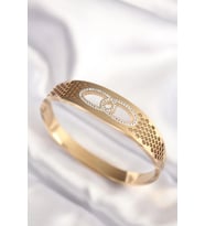 316L Çelik Gold Renk Zirkon Taşlı Kadın Kelepçe Bilezik 5886