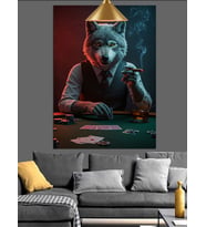 Gri kurt figürü karanlık gece poker oynuyor Dekoratif Kanvas - Mdf Ahşap Tablo