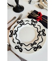 Kırık Beyaz Premium Porselen 21 cm Pasta Tabağı Takımı, Siyah Kurdele Desenli, 4'lü