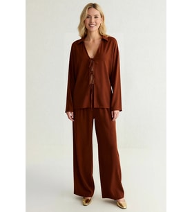 Kadın Büyük Beden Oversize Gömlek Yaka Bağlamalı Bluz Geniş Paça Pantolon Takım Crinkle Dokuma Rahat