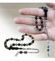 Ateş Kehribar Tesbih - 925 Ayar Gümüş Püsküllü - Bilek Boy - Siyah Beyaz Renk - Küre Kesim