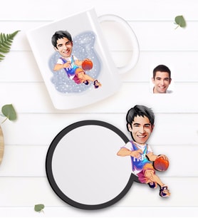 BK Gift Kişiye Özel Erkek Basketbolcu Karikatürlü Beyaz Kupa ve Ahşap Bardak Altlığı Hediye Seti-2