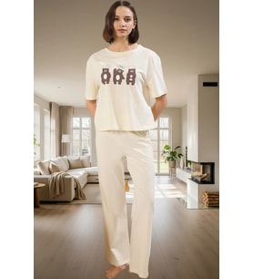 Kadın Pamuklu Rahat Baskılı Pijama Takımı Kısa Kollu Tişört Pantolon Kullanım Ve Şık (Bej)
