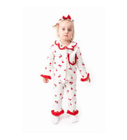 Kız Çocuk Ekru Kırmızı Lale Desenli Fırfırlı Bandanalı Pijama Takımı