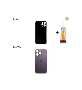 iPhone 14 PRO MAX Mor Arka Kapak Arka Cam Batarya Kapağı Lazer Kesim Kapak Pil Kapağı + B-7000 Yapıştırıcı