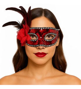 Kırmızı Renk Yandan Tüylü Güllü Gümüş Taşlı Pullu Maske 20x22 cm