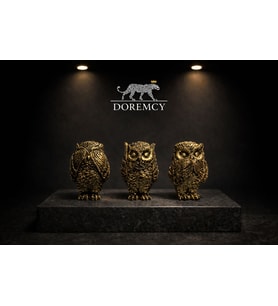 Doremcy Polyester Döküm 3’lü Baykuş Biblo Seti 9x13 cm –Salon, Ofis, Masaüstü Dekor, Hediyelik, Şık (Siyah-Gold)