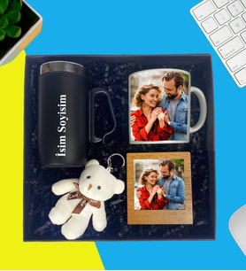 Kişiye Özel Premium Kutu Kulplu Termos Bardak Fotoğraflı Kupa Bardak Peluş Ayıcık Anahtarlık Masaüstü Ahşap Kahve Çerçeve