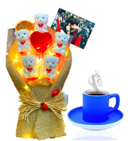 Kişiye Özel Fotoğraflı Led Işıklı Buket ve Mavi Türk Kahvesi Fincanı Hediye Seti (Model 1)