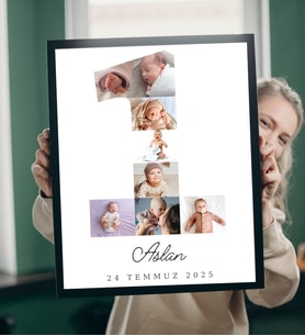 Yeni Doğan Anı Tablosu, 1 Yaş Bebek Fotoğraf Kolajı, İsimli ve Tarihli Ahşap Çerçeveli Tablo, Kişiye Özel 1 Yaş Anı Fotoğraf Kolajı Poster, Doğum Günü Hediyesi