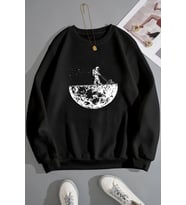 Unisex Uzay Temalı Bisiklet Yaka Sweatshirt (Siyah)