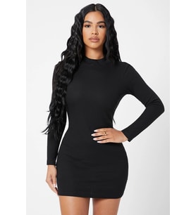 Kadın Siyah Kaşkorse Balıkçı Yaka Uzun Kollu Bodycon Mini Elbise