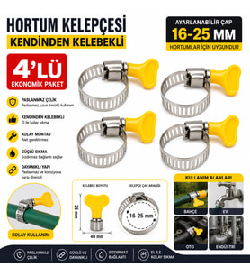 Hortum Kelepçesi 4 Adet (plastik Kelebek Bağlantılı) Paslanmaz Çelik Metal Hortum Kelepçesi 16-25 Mm