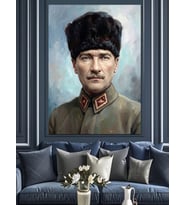 Askeri Üniformalı Karizmatik Atatürk Portresi Dekoratif Kanvas - Mdf Ahşap Tablo