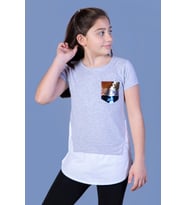 Toontoy Kız Çocuk Göğsü Cepli Pul Nakışlı Tişört ( Gri-Melanj)